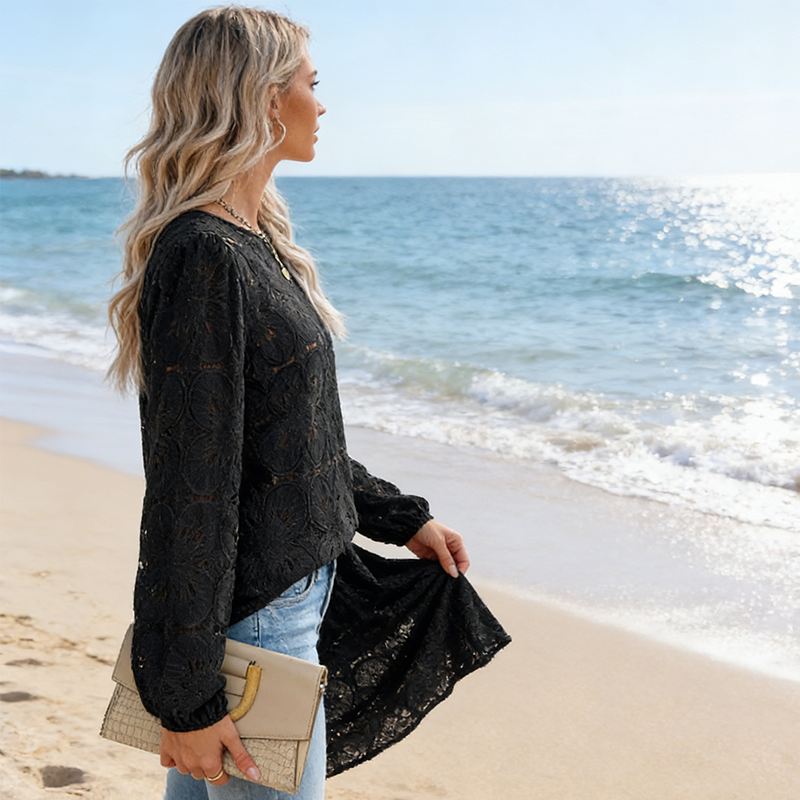 🔥Limited-time offer-Women's Elegant Crew Neck Hollow-Out Long Sleeve Top