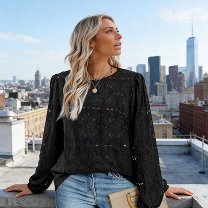 🔥Limited-time offer-Women's Elegant Crew Neck Hollow-Out Long Sleeve Top