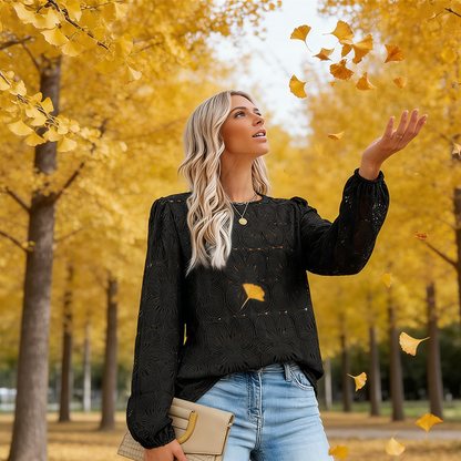 🔥Limited-time offer-Women's Elegant Crew Neck Hollow-Out Long Sleeve Top