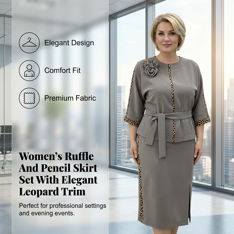 Women's Belted Peplum Top & Pencil Skirt Set