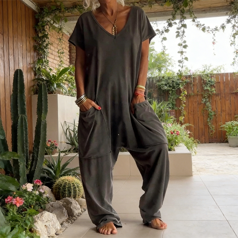 🔥2026 New Style🔥Casual Oversized V-Neck One-Piece Jumpsuit – Soft Fabric, Slim & Trendy