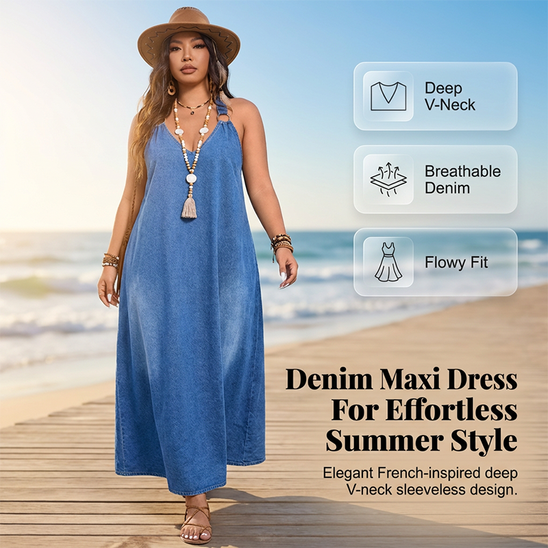 👗 60% OFF NOW! ✨ Casual Loose Fit V-Neck Denim Maxi Dress – Comfortable, Versatile & Perfect for Everyday Wear 🌸