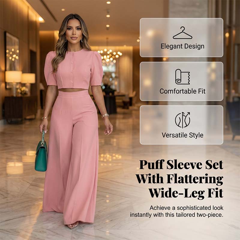 🔥Hot Sale Offers-Elegant Puff Sleeve Crop Top & Wide-Leg Pants Set