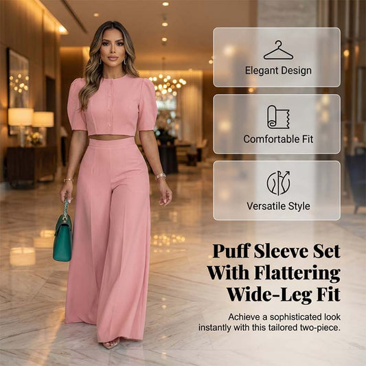 🔥Hot Sale Offers-Elegant Puff Sleeve Crop Top & Wide-Leg Pants Set