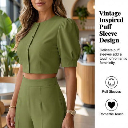 🔥Hot Sale Offers-Elegant Puff Sleeve Crop Top & Wide-Leg Pants Set