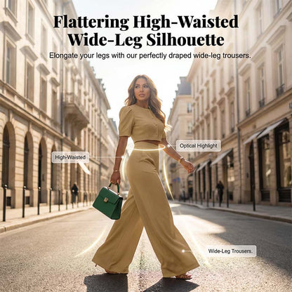 🔥Hot Sale Offers-Elegant Puff Sleeve Crop Top & Wide-Leg Pants Set