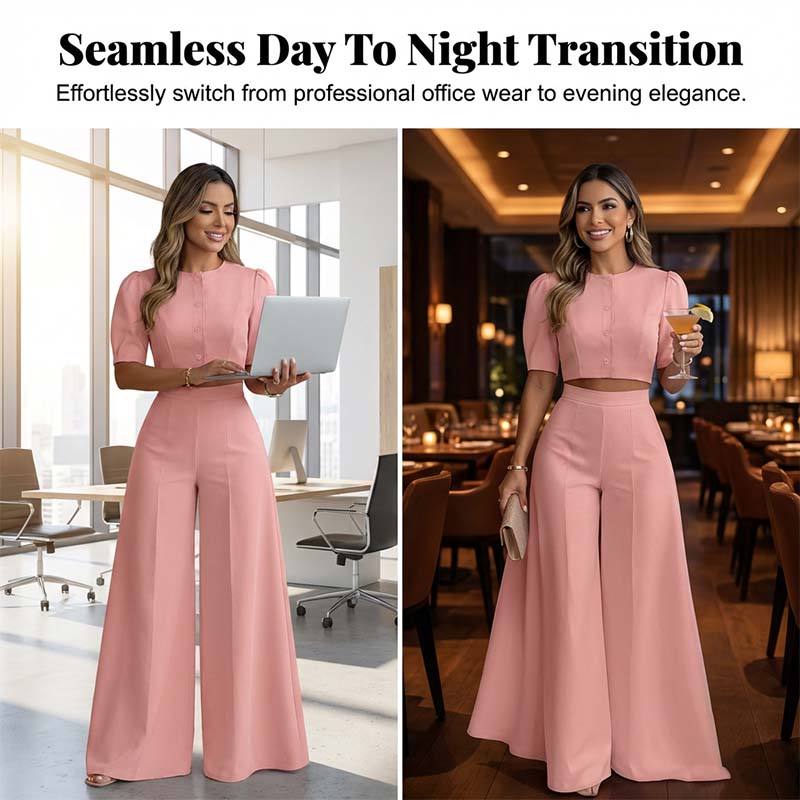 🔥Hot Sale Offers-Elegant Puff Sleeve Crop Top & Wide-Leg Pants Set