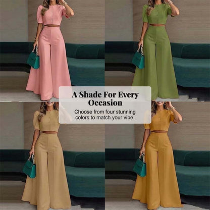 🔥Hot Sale Offers-Elegant Puff Sleeve Crop Top & Wide-Leg Pants Set
