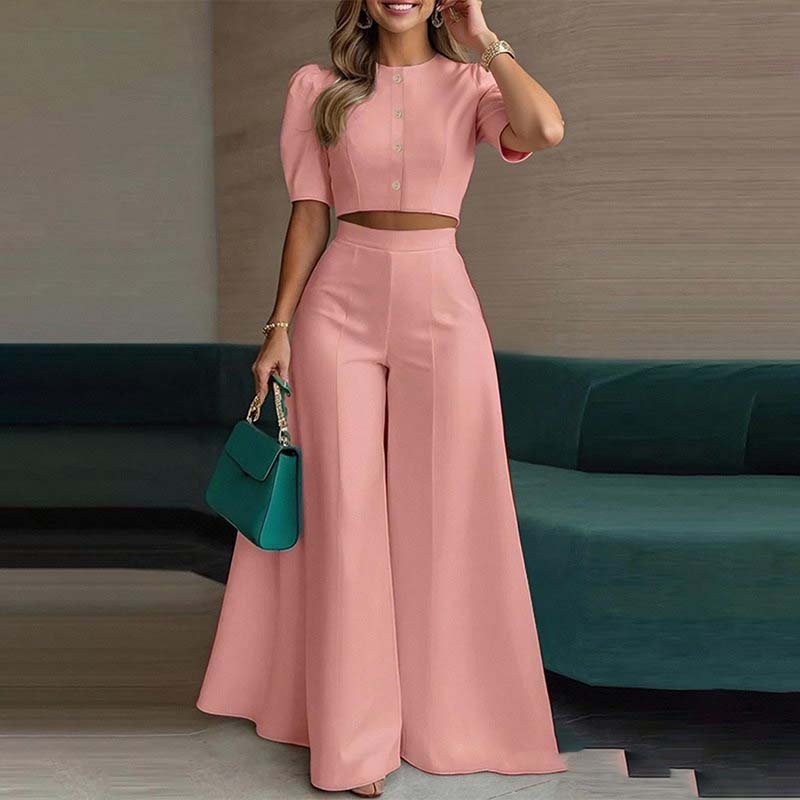 🔥Hot Sale Offers-Elegant Puff Sleeve Crop Top & Wide-Leg Pants Set