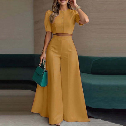🔥Hot Sale Offers-Elegant Puff Sleeve Crop Top & Wide-Leg Pants Set