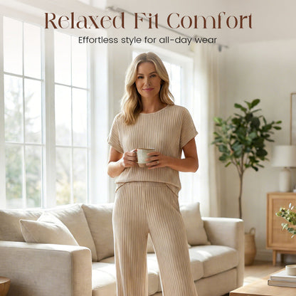 👚 50% OFF NOW! 🌿 Women's Ribbed Knit Top & Wide-Leg Pants Set – Relaxed Drop-Shoulder, Soft Stretch Fabric & Versatile Two-Piece ✨