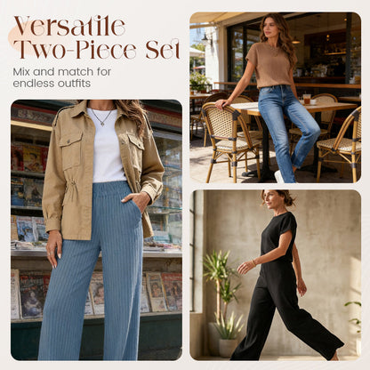 👚 50% OFF NOW! 🌿 Women's Ribbed Knit Top & Wide-Leg Pants Set – Relaxed Drop-Shoulder, Soft Stretch Fabric & Versatile Two-Piece ✨