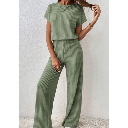 👚 50% OFF NOW! 🌿 Women's Ribbed Knit Top & Wide-Leg Pants Set – Relaxed Drop-Shoulder, Soft Stretch Fabric & Versatile Two-Piece ✨