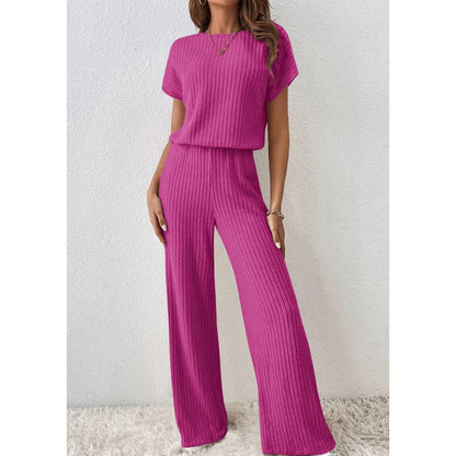 👚 50% OFF NOW! 🌿 Women's Ribbed Knit Top & Wide-Leg Pants Set – Relaxed Drop-Shoulder, Soft Stretch Fabric & Versatile Two-Piece ✨