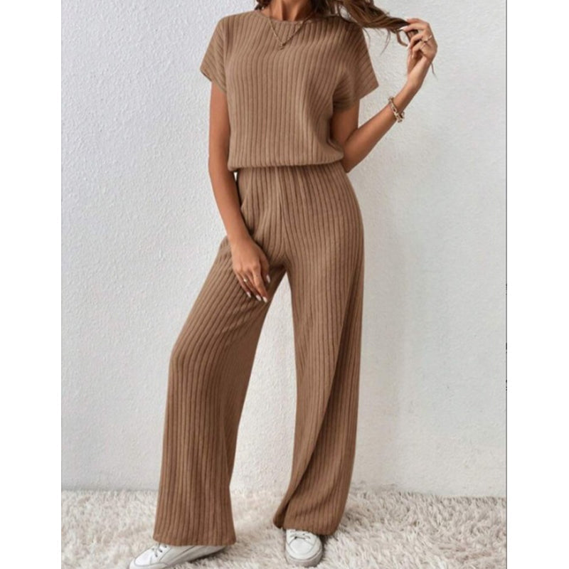 👚 50% OFF NOW! 🌿 Women's Ribbed Knit Top & Wide-Leg Pants Set – Relaxed Drop-Shoulder, Soft Stretch Fabric & Versatile Two-Piece ✨