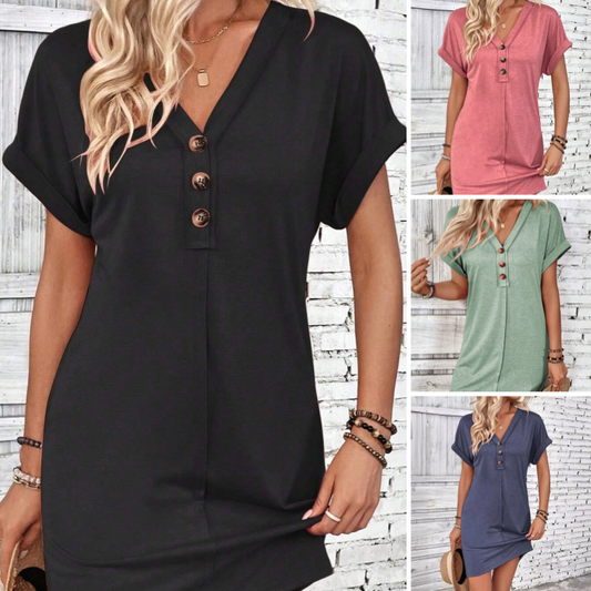 👗 50% OFF NOW! 💫 Women's Fashion V-Neck Button Dress – Timeless Solid Colors, Soft Fabric & Rolled Sleeves 🌸