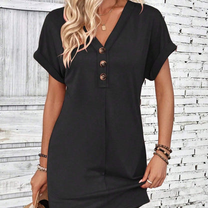 👗 50% OFF NOW! 💫 Women's Fashion V-Neck Button Dress – Timeless Solid Colors, Soft Fabric & Rolled Sleeves 🌸