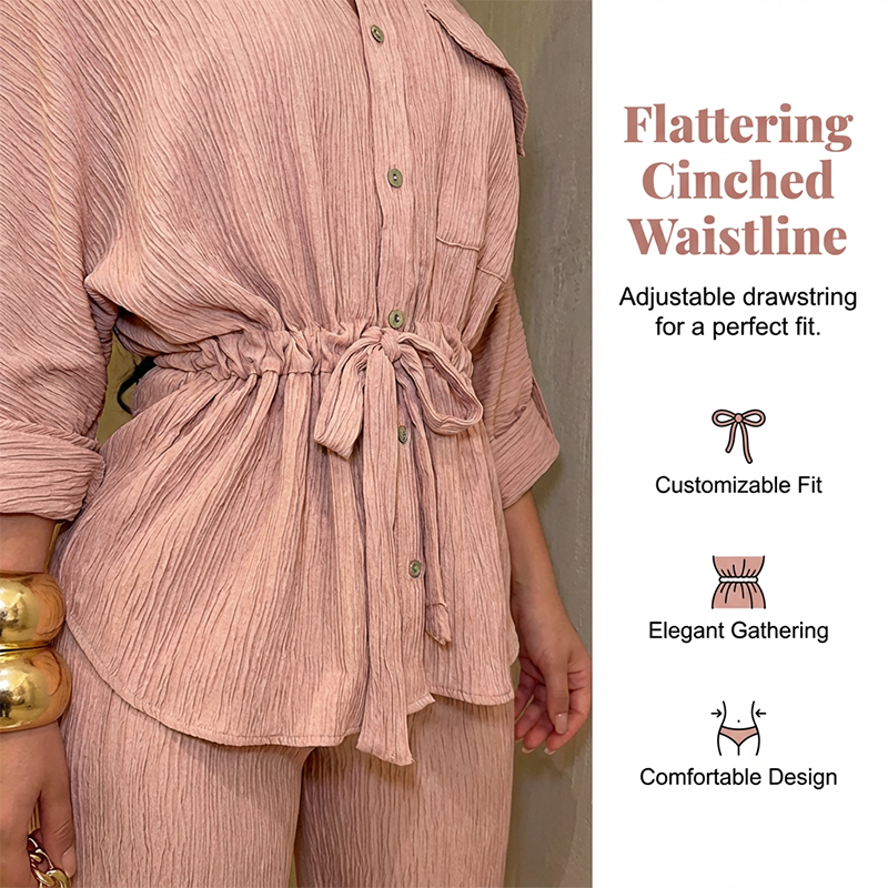 🎀 50% OFF NOW! 👖 Women's Drawstring Shirt & Wide-Leg Pants Set – Adjustable Waist, Flowy Trousers & Textured Fabric 🌿