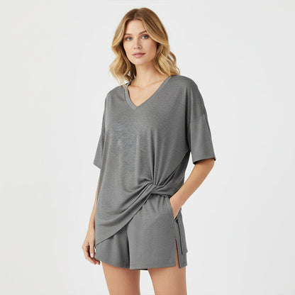 🛋️ LIMITED-TIME 50% OFF! 👕 Women's Lounge V-Neck Top & Shorts Set – Oversized, Drapey, Two-Piece 🍂