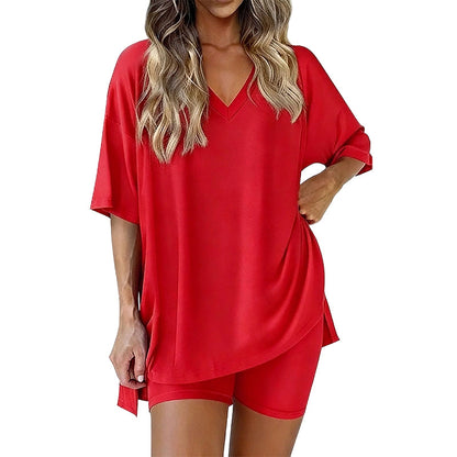 🛋️ LIMITED-TIME 50% OFF! 👕 Women's Lounge V-Neck Top & Shorts Set – Oversized, Drapey, Two-Piece 🍂