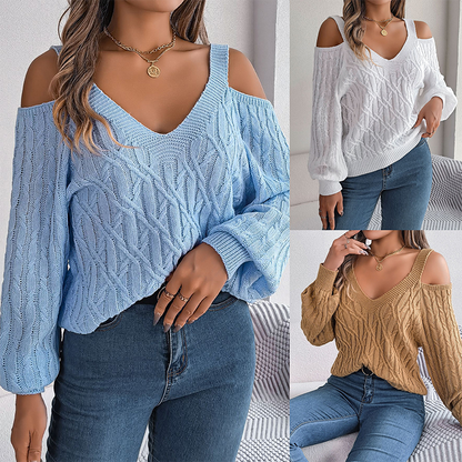 🔥Limited-time offer-Women's Cold Shoulder V-Neck Cable Knit Sweater