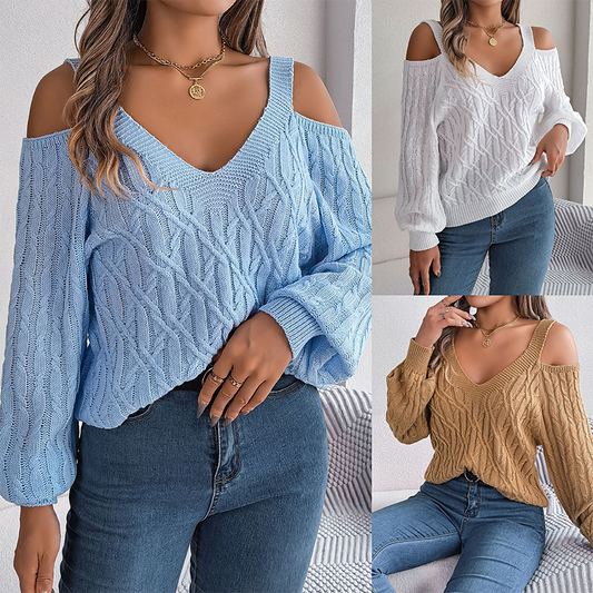 🔥Limited-time offer-Women's Cold Shoulder V-Neck Cable Knit Sweater