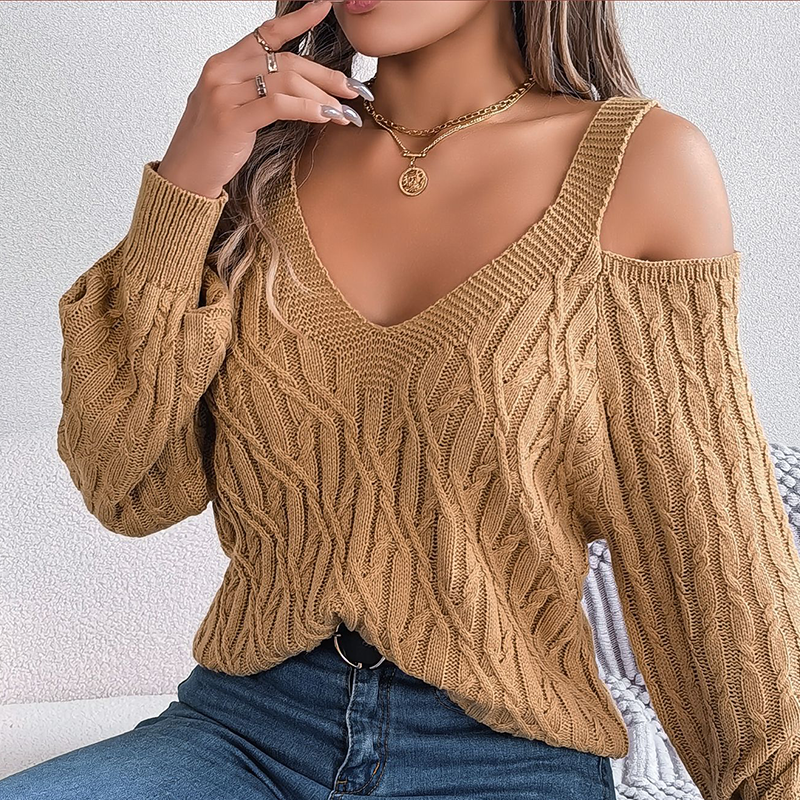 🔥Limited-time offer-Women's Cold Shoulder V-Neck Cable Knit Sweater