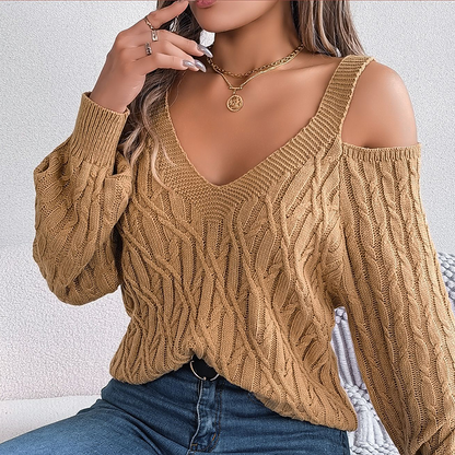 🔥Limited-time offer-Women's Cold Shoulder V-Neck Cable Knit Sweater
