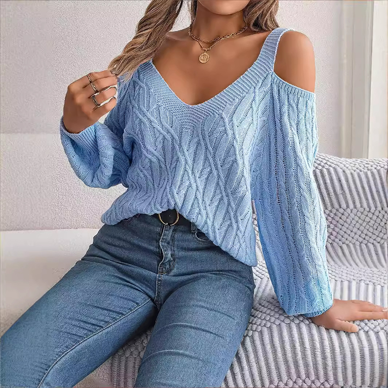 🔥Limited-time offer-Women's Cold Shoulder V-Neck Cable Knit Sweater