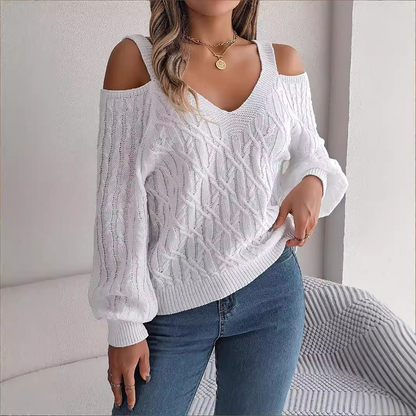 🔥Limited-time offer-Women's Cold Shoulder V-Neck Cable Knit Sweater