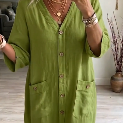 👗 LIMITED-TIME 50% OFF! 💃 Women's Casual V-Neck Midi Dress – Button-Down, Pockets, Relaxed Fit 🍃