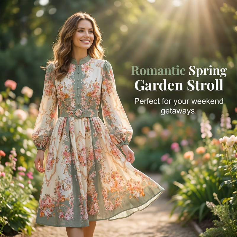 🔥Hot Sale Deals-Romantic Floral Print High Neck Mini Dress