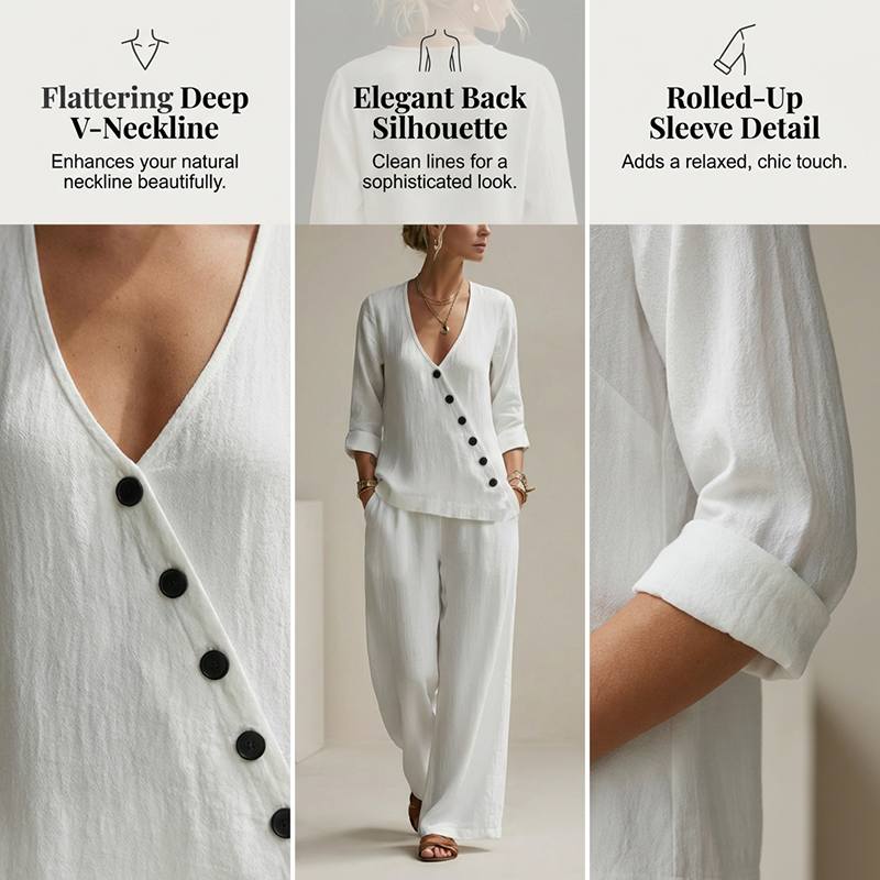 🔥Hot Sale Offers-Women's V-Neck Asymmetrical Button Linen Two-Piece Set