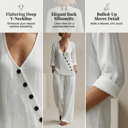 🔥Hot Sale Offers-Women's V-Neck Asymmetrical Button Linen Two-Piece Set