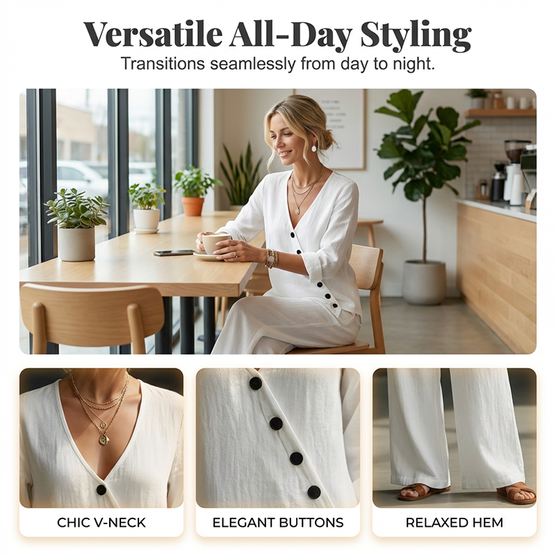 🔥Hot Sale Offers-Women's V-Neck Asymmetrical Button Linen Two-Piece Set