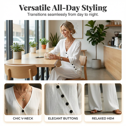 🔥Hot Sale Offers-Women's V-Neck Asymmetrical Button Linen Two-Piece Set