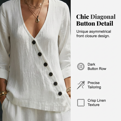 🔥Hot Sale Offers-Women's V-Neck Asymmetrical Button Linen Two-Piece Set