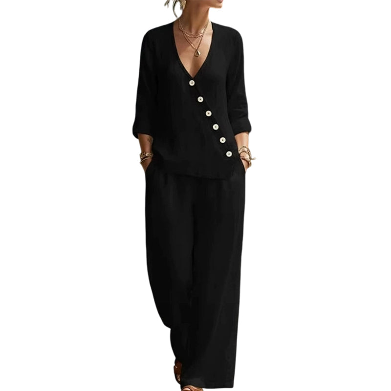 🔥Hot Sale Offers-Women's V-Neck Asymmetrical Button Linen Two-Piece Set