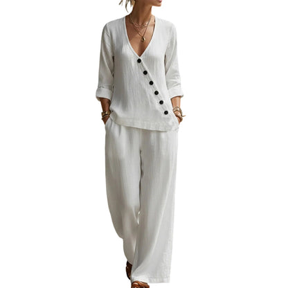 🔥Hot Sale Offers-Women's V-Neck Asymmetrical Button Linen Two-Piece Set