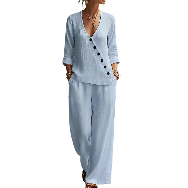 🔥Hot Sale Offers-Women's V-Neck Asymmetrical Button Linen Two-Piece Set