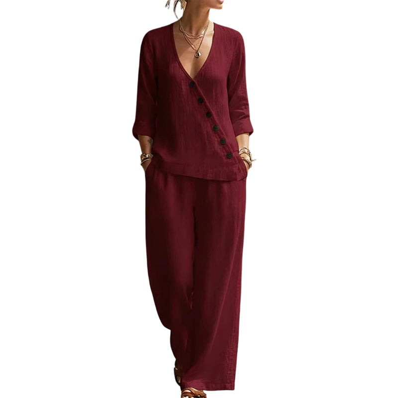 🔥Hot Sale Offers-Women's V-Neck Asymmetrical Button Linen Two-Piece Set
