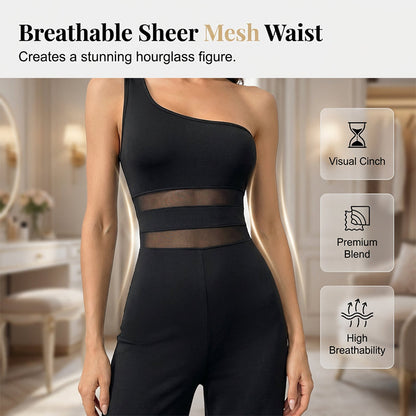 One-Shoulder Mesh Panel Wide-Leg Jumpsuit