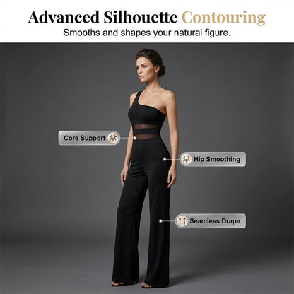 One-Shoulder Mesh Panel Wide-Leg Jumpsuit