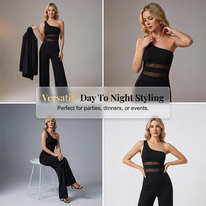 One-Shoulder Mesh Panel Wide-Leg Jumpsuit