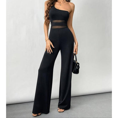 🔥2026 New Arrival🔥One-Shoulder Mesh Panel Wide-Leg Jumpsuit