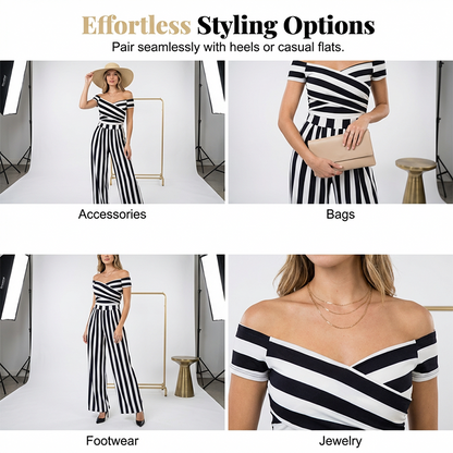 👗 50% OFF NOW! ✨ Women's Off-Shoulder Jumpsuit – Wide Leg & Criss-Cross Neck – Elegant & High Waist 💃