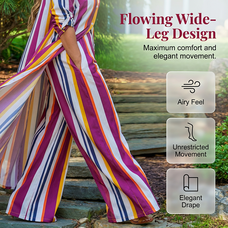 2026 New Arrivals Sale-Vertical Stripe Button-Down Shirt & Wide-Leg Pant Set