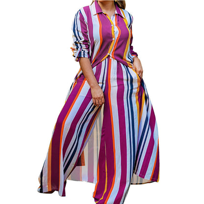 2026 New Arrivals Sale-Vertical Stripe Button-Down Shirt & Wide-Leg Pant Set