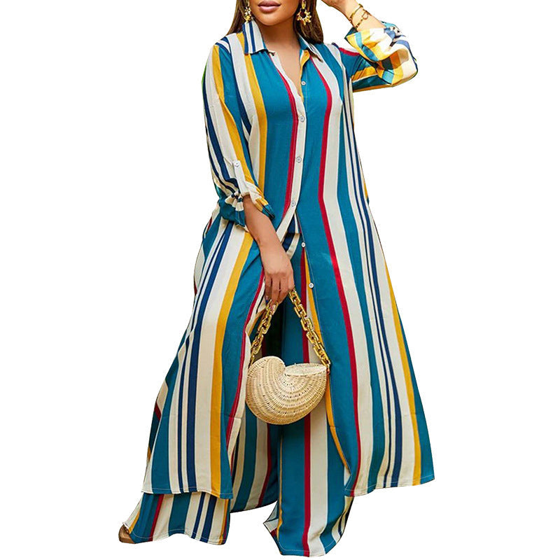 2026 New Arrivals Sale-Vertical Stripe Button-Down Shirt & Wide-Leg Pant Set
