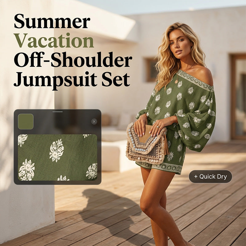 👗 50% OFF NOW! ✨ Bohemian Off-Shoulder Jumpsuit – Printed, elastic waist & side pockets – Flowy, breathable – perfect for beach, festivals or summer travel 🌺